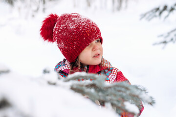 A little girl in a red hat and jumpsuit walks in the winter forest.Beautiful trees are covered with white snow.Winter fun,active lifestyle concept.