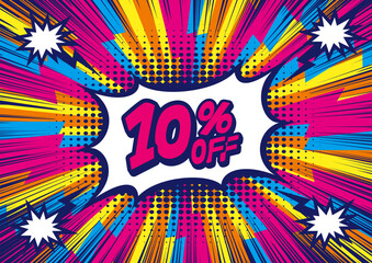 10 Percent OFF Discount on a Comics style bang shape background. Pop art comic discount promotion banners.	