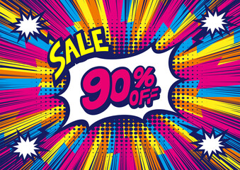 90 Percent OFF Discount on a Comics style bang shape background. Pop art comic discount promotion banners. 