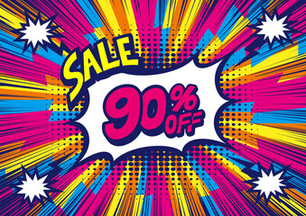 Fototapeta premium 90 Percent OFF Discount on a Comics style bang shape background. Pop art comic discount promotion banners. 