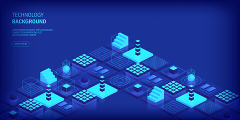 Technologies background concept. Abstract futuristic cubes design and different geometric shapes. Digital innovation and artificial intelligence. Blockchain tech. Vector illustration in isometric view
