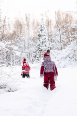 Little girls walking through the winter forest.Beautiful trees are covered with white snow.Winter fun,active lifestyle concept.Selective focus,view behind.