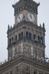 Warsaw, Poland - 26.11.2021: Closeup of the facade of The Palace of Culture and Science, a...