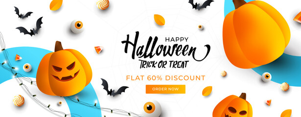 Happy Halloween trick or treat background with pumpkins, bats, candy, lights decorations. - obrazy, fototapety, plakaty
