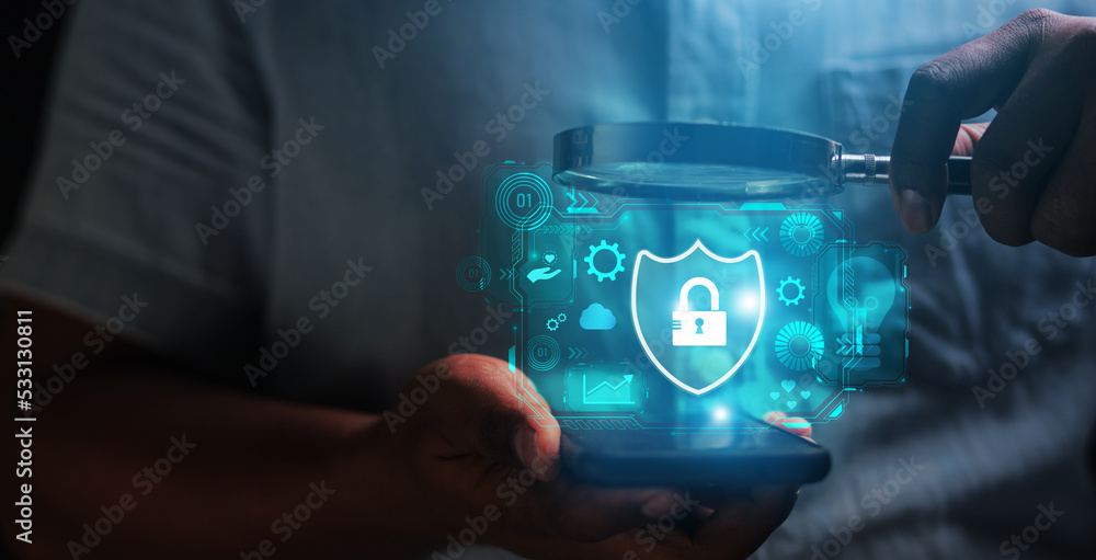 Poster concepts of cybersecurity, data protection, access to private information on the internet online