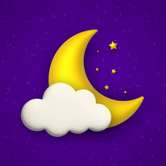 Obraz na płótnie Canvas Cute night background with blue sky, cloud, stars and golden moon. Vector illustration.