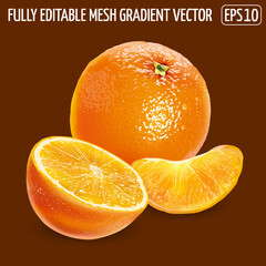 A whole orange with a half and a peeled slice on a brown background.