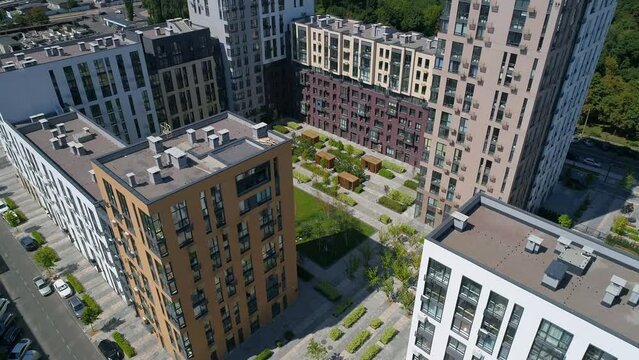 Drone aerial view modern building Residential complex Faina Town. Construction of residential premises. Kyiv capital of Ukraine