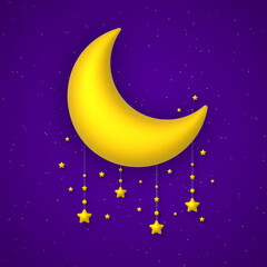 Fototapeta na wymiar Cute background with golden moon and stars garland on blue night sky. Vector illustration.