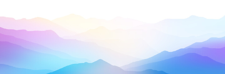 Sunrise in the mountains, mountain ranges in the morning haze, panoramic view, vector illustration