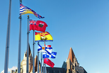 Provincial flags of Canada on Parliament Hill  in Ottawa, Ontario. From front to back the flags represent British Columbia, Manitoba, New Brusnwick, Nova Scotia, Quebec and Ontario provinces - obrazy, fototapety, plakaty