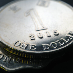1 Hong Kong dollar. Fragment of textured coin. Square illustration about economy or finance. Coins and money of Hong Kong. News about banks and currency. Macro