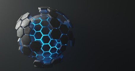 abstract background using hexagon textured ball with metallic gray gradient color and bright blue hexagon outline, there is skin on the outside with gray hexagon shape