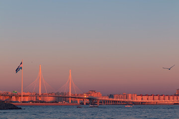 A cable-stayed bridge above the neva bay against a Saint Petersburg cityscape and the sky at summer sunset