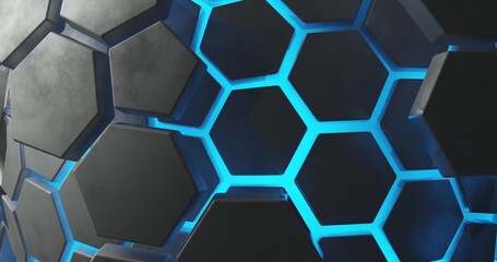 abstract background using hexagon pattern with metallic gray gradient color and bright blue hexagon outline, there is skin on outside with gray hexagon shape, 3d rendering and 4K size