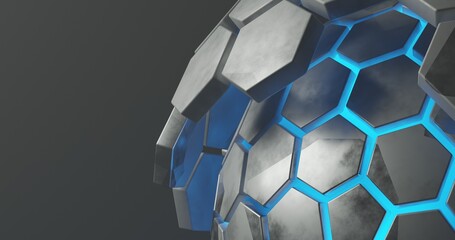 abstract background using hexagon pattern with metallic gray gradient color and bright blue hexagon outline, there is a blank space on the left, 3d rendering and 4K size