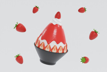 3D rendering floating bingsu shaved ice strawberries with strawberry leaf in black bowl on white background.