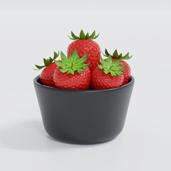 3D rendering strawberries with strawberry leaf in black bowl on white background.