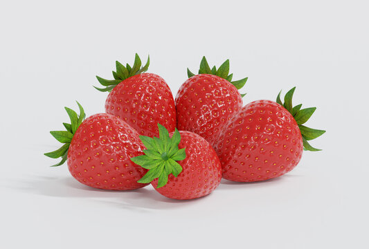 3D rendering strawberries with strawberry leaf on white background.