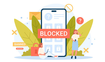 Network restriction, information block and censorship vector illustration. Cartoon tiny sad adult users banned from social media or news website, blocked account and padlock on phone screen