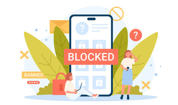 Network Restriction, Information Block And Censorship Vector Illustration. Cartoon Tiny Sad Adult Users Banned From Social Media Or News Website, Blocked Account And Padlock On Phone Screen