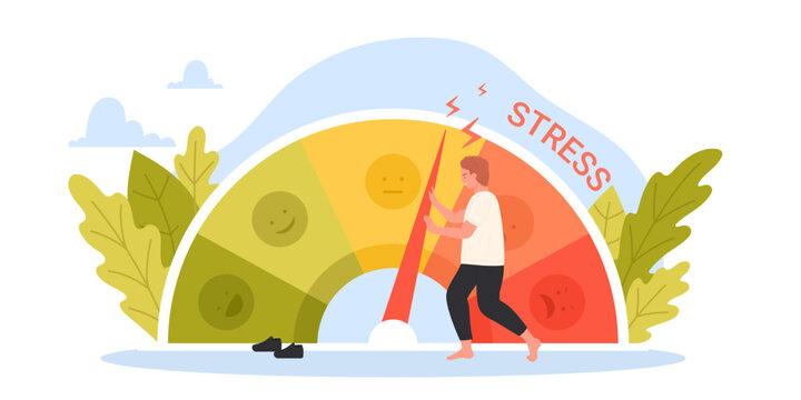 Business problem, pressure and crisis control vector illustration. Cartoon tiny man pushing with effort arrow on circular dial of stress meter to reduce pain, anxiety and tension, overload of emotions