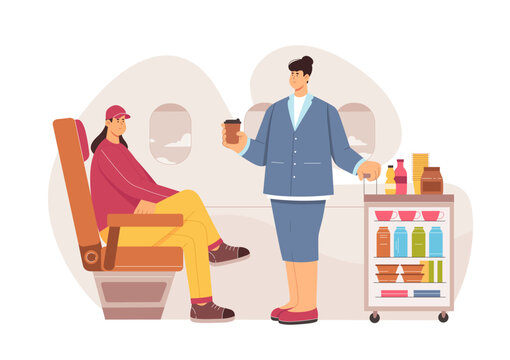 Hospitality service in airplane vector illustration. Cartoon stewardess holding coffee and handle of trolley, woman serving food and drink to passenger, man sitting in comfortable seat by window