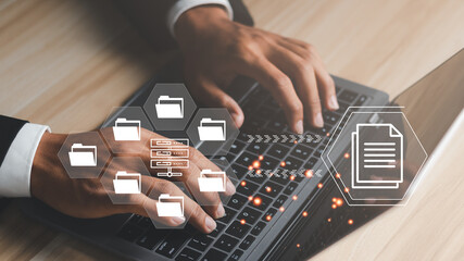 Document Management System or DMS. Online documentation database and document management system concept.  Efficient storage and management of data files.