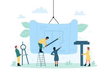 Architects drawing plan blueprint of building on paper roll. vector illustration. Cartoon tiny team of engineers and designers planning house development and construction. Architecture concept