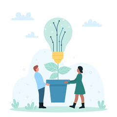 Green energy innovation in industry, ecological technology and nature protection vector illustration. Cartoon tiny people holding pot with growing big light bulb, save environment with modern solution