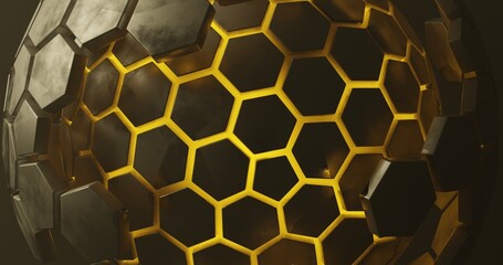abstract background using hexagon pattern with metallic gray gradient color and bright yellow hexagon outline, there is skin on the outside with gray hexagon shape, 3d rendering and 4K size