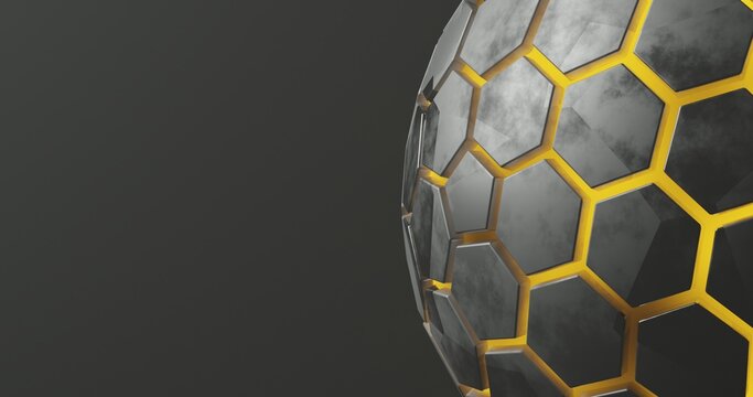 abstract background using hexagon pattern with metallic gray gradient color and bright yellow hexagon outline, there is blank space on the left, 3d rendering and 4K size