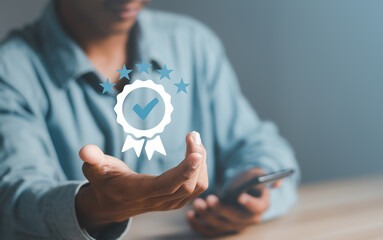 Hand show signs of top service. Quality Assurance, Assurance, Standards, ISO Certification and Standard Concepts.