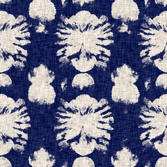  Summer indigo batik block print dyed motif seamless pattern. Fashion all over print for beach wear. Masculine shirt tie dye effect. Repeatable woven textile swatch 