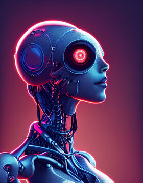 Futuristic Sci-Fi Humanoid Cyborg Woman with Big Eyes 3D Conceptual Art Illustration. Vertical Portrait of Bionic Female Robot Mechanism Science Fiction Movie Character. AI Neural Network Artwork