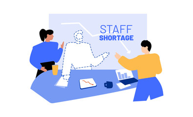 Fototapeta na wymiar Staff shortage concept. Vector illustration. Recruiting problem. Group of colleagues in work conversation with one absent person in office environment. Labor and personell crisis.