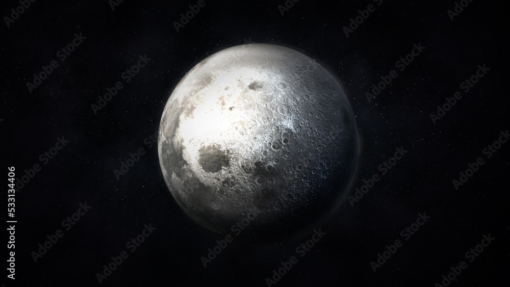 Poster dark gray image of a realistic moon in space.