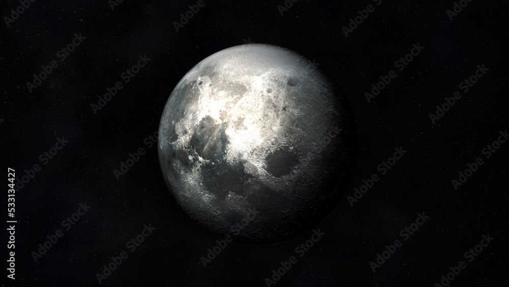 Poster realistic dark gray image of the moon in outer space.