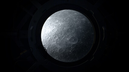 The gray surface of the moon is visible from the porthole of the ship.