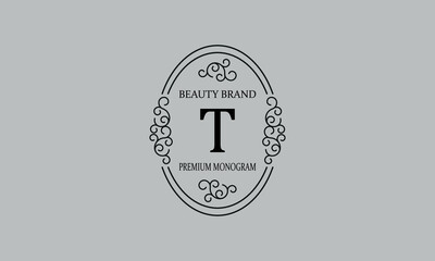Premium monogram with the letter T. Frame with ornament. Luxury logo design with minimal modern font.