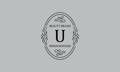 Premium monogram with the letter U. Frame with ornament. Luxury logo design with minimal modern font.