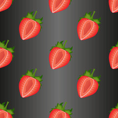 Strawberry seamless pattern on black background. Beautiful strawberries slice with green tail and leaves background. Set of red summer berry. 