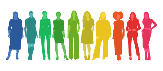 Rainbow silhouettes, women standing figures, group of female people