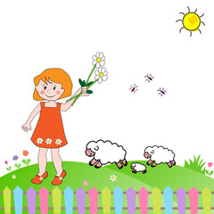 Niña paseando por el campo con ovejas.