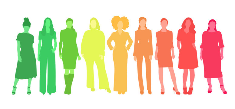 Group of beautiful women silhouettes in rainbow colours