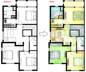 Floor plan before after. Plan apartments before and after redevelopment with furniture.House interior. Black and White floor plan of a modern apartment. Unusual floor plan