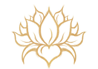 Digital drawing of a stylized lotus flower in golden glitter on a transparent background.