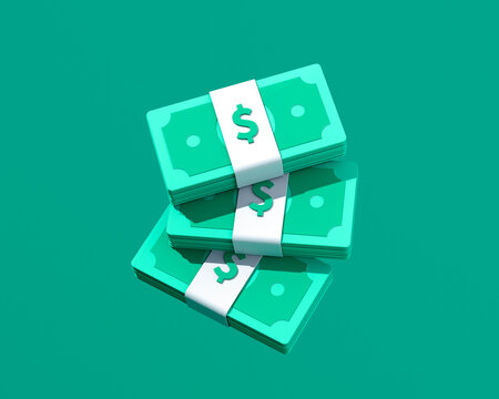 Bundles cash on green background. 3d render banknotes. Online payment, finance, mobile banking concept.