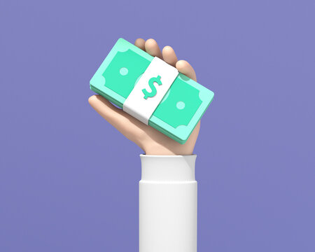 Hand holding banknotes on a blue background. 3d render illustration