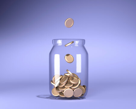 Glass jar with coins on blue background. Saving money. 3d render